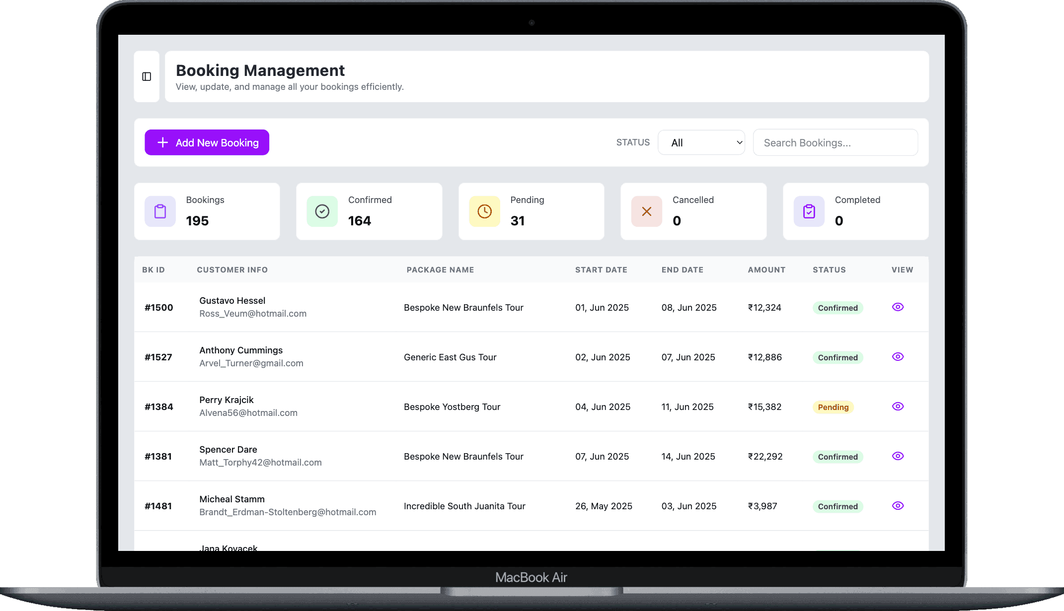Booking management dashboard showing reservations 1